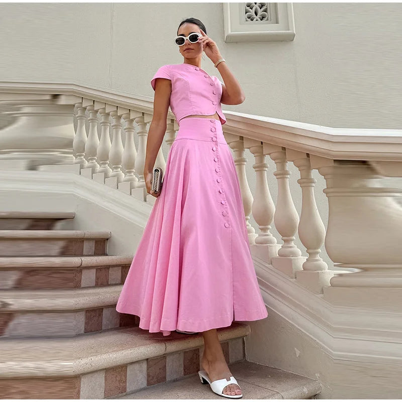 Skirt set - Women Vest Skirt Suit Solid O-neck Single Breasted Short Sleeve Short Top Button Wide Leg Skirts Female Summer Lady Beach Wears