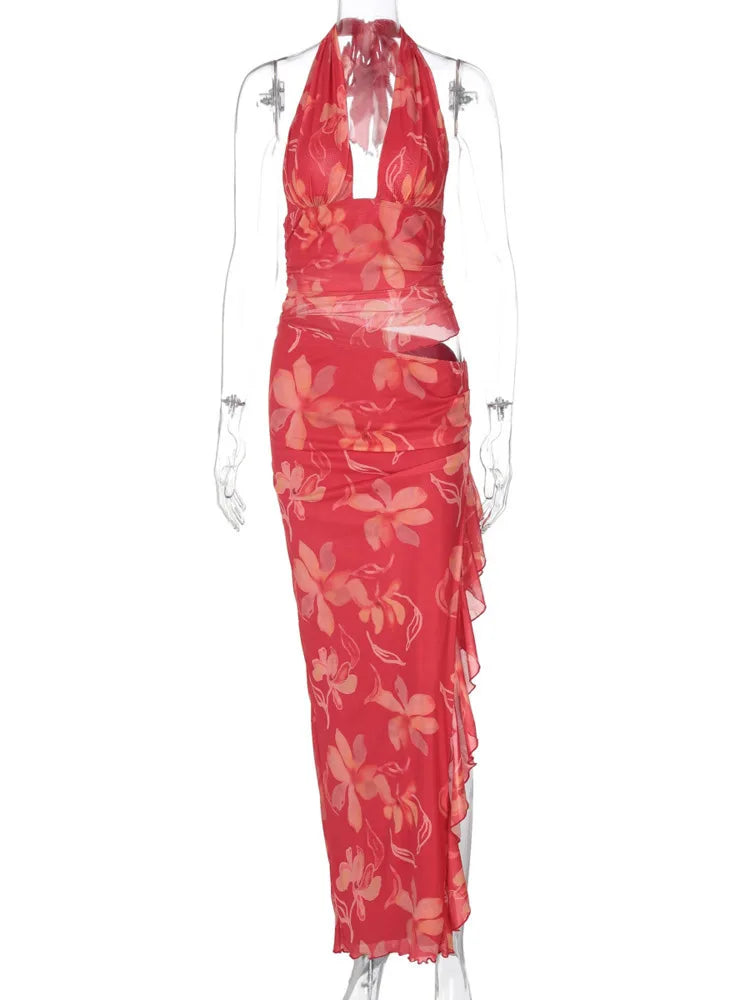 Party Dresses - Halter Deep V Neck Ruffled Sexy Maxi Dress For Women Fashion Sleeveless Backless High Waist Bodycon Club Printed Dress