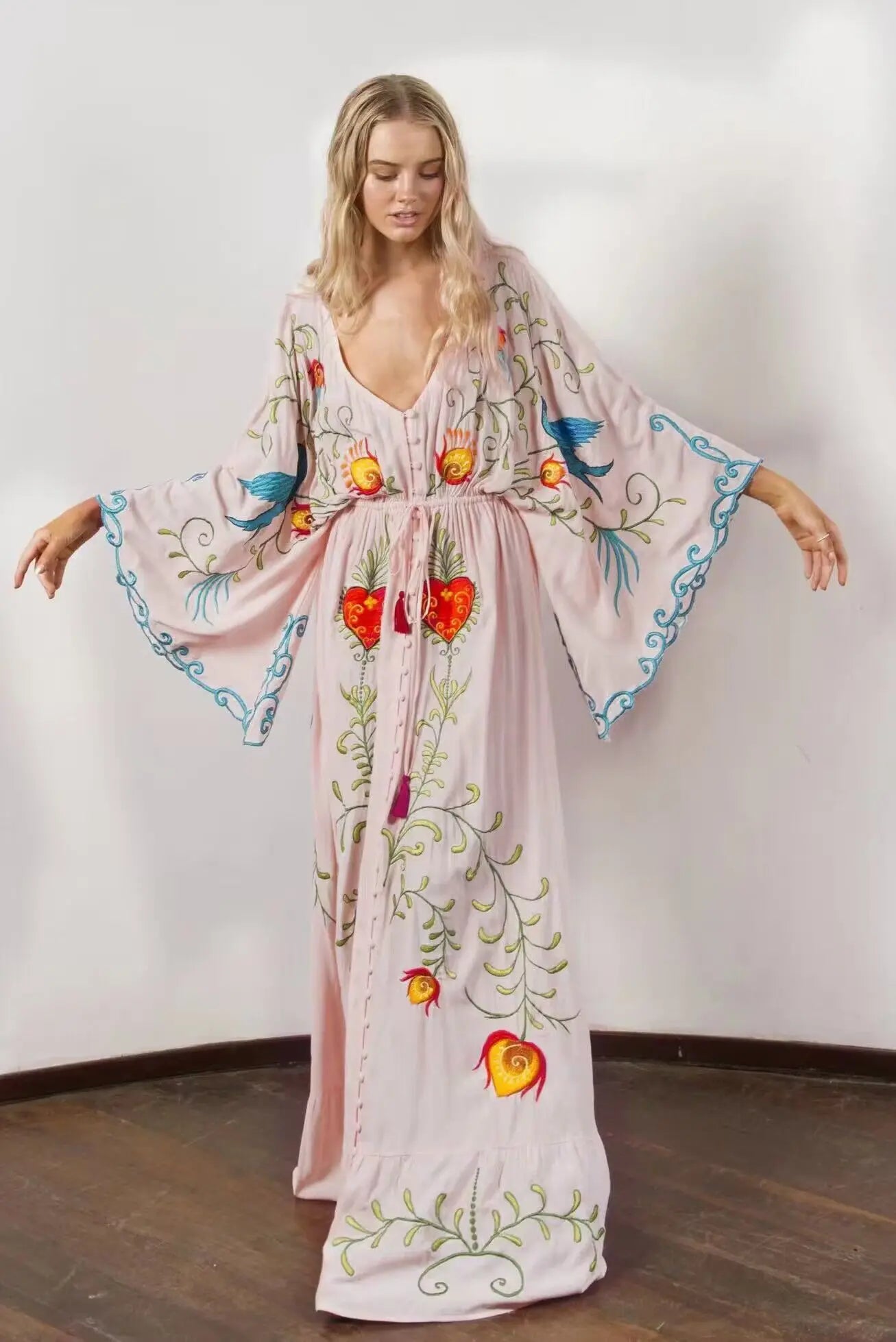 Kaftans - Jastie Embroidered Women Maxi Dress V-Neck Batwing Sleeve Loose Oversize Summer Dresses Drawstring Waist Boho Beach Vestidos
