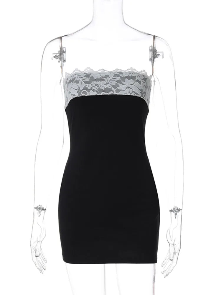 Mini Dresses - Mozision Lace Strapless Sexy Mini Dress For Women Robe Patchwork Off-shoulder Sleeveless Backless High Waist Bodycon Club Dress
