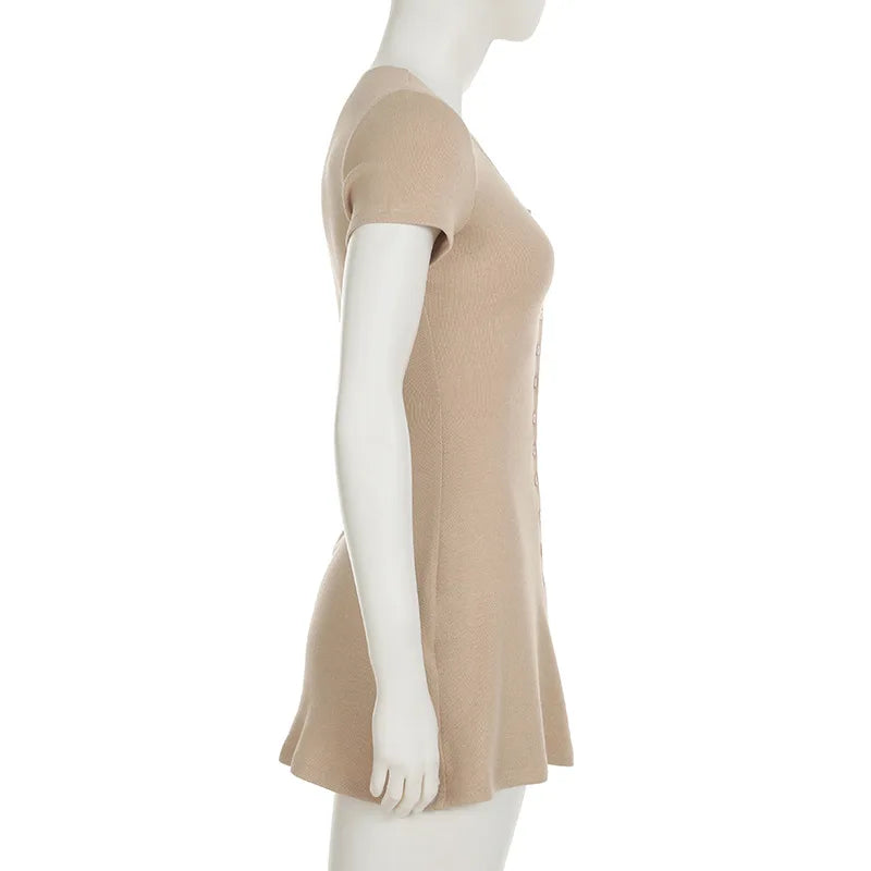 Casual Dresses - Summer New Knitted Mini Dress Female Elegant V Neck Buttons Short Sleeve Dress High Elasticity Casual Women's Dress