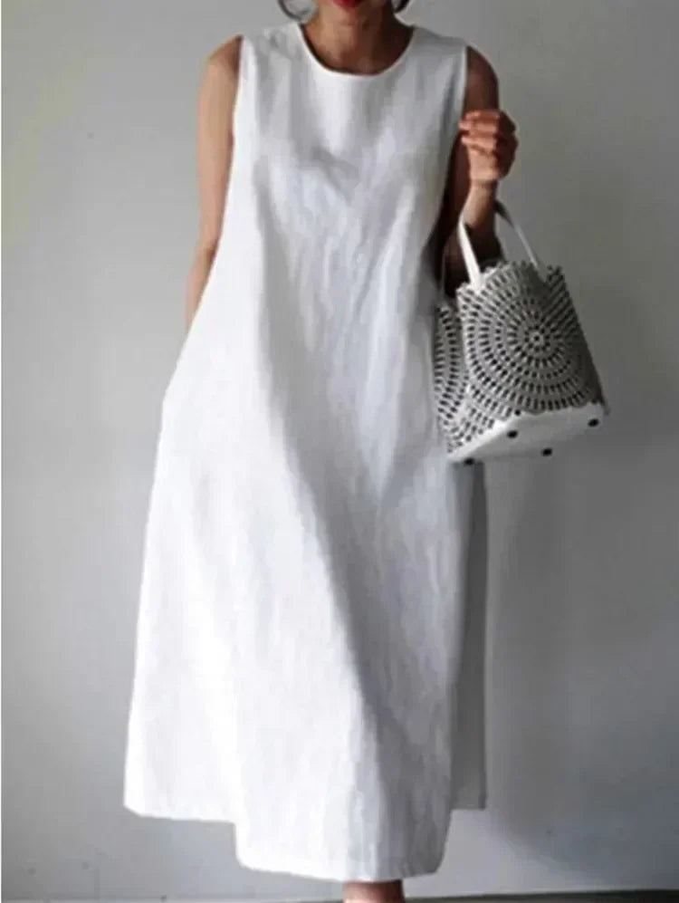 Casual Dresses - Summer Women Dress Cotton Linen Tank O-neck Sleeveless White Dresses Female New Elegant Casual Loose Korean Clothes Ladies