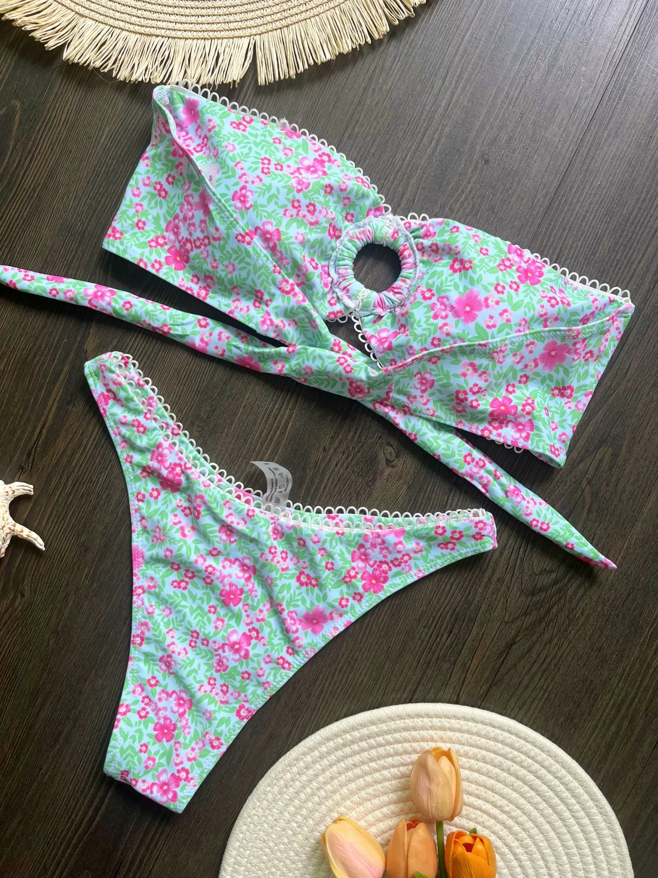 Swimweaar - Floral Flowers Bandeau High Leg Cut Bikini Women Swimwear Female Swimsuit Two-pieces Bikini set Bather Bathing Suit Swim