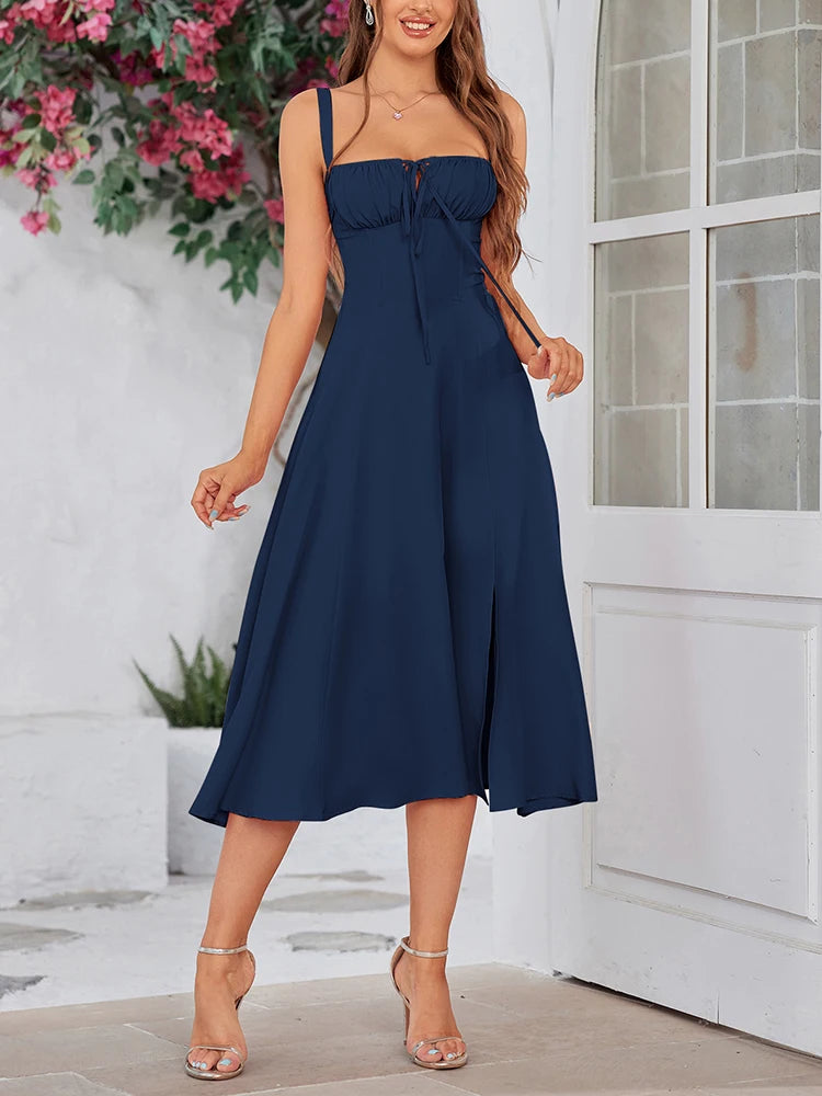 Cami Dresses - Summer Sweet Solid Sleeveless Long Dress Women Fashion Bandage Camisole Dresses Padded Boned Robe Elegant Party Vestidos