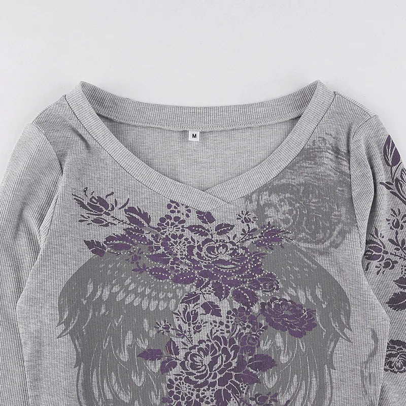 T-shirts - 2024 Autumn And Winter New Y2k Millennium Style Abstract Pattern Print Sexy Round Neck Slim Slim Long-Sleeved T-Shirt Top Women