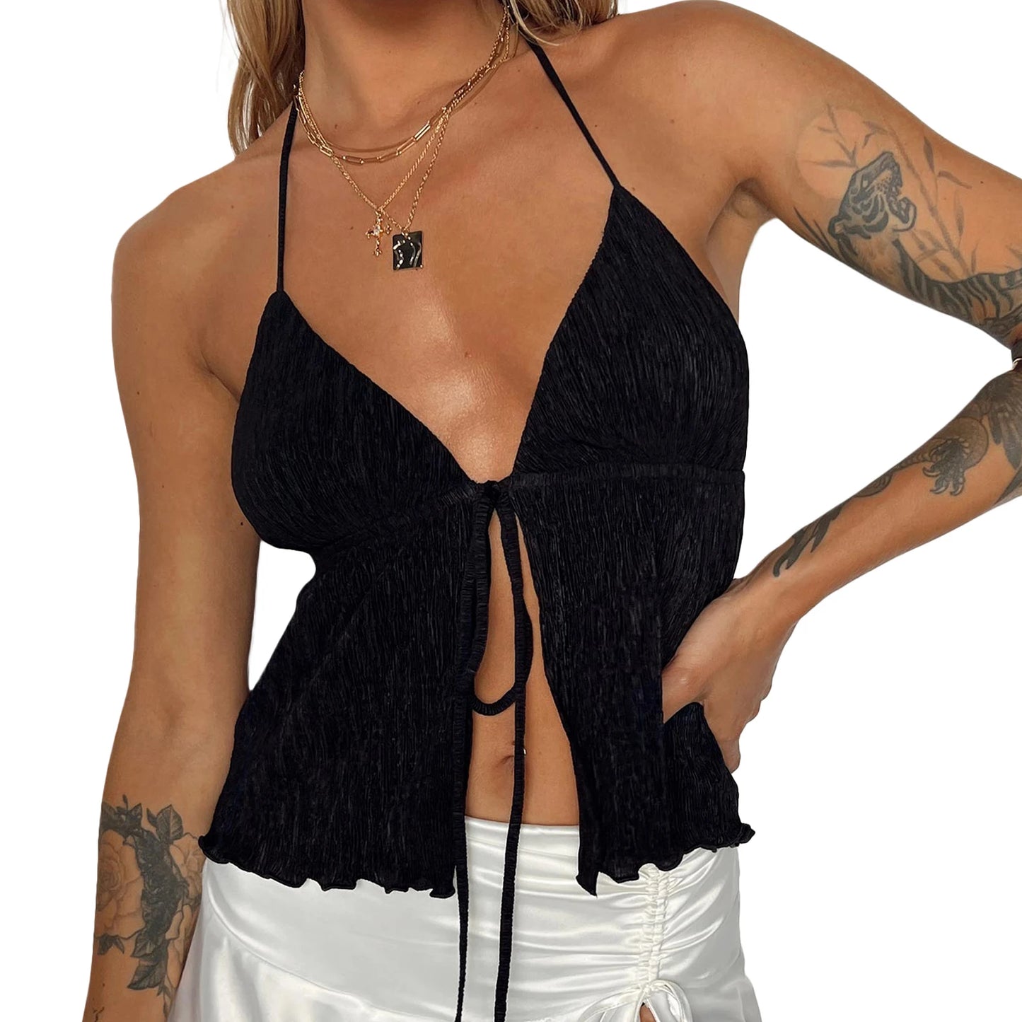Tie Tops - Women Sexy Halter Tie-up Vest Tops Casual Street Solid Color Sleeveless Backless Open Front Tie-up Split Camisoles