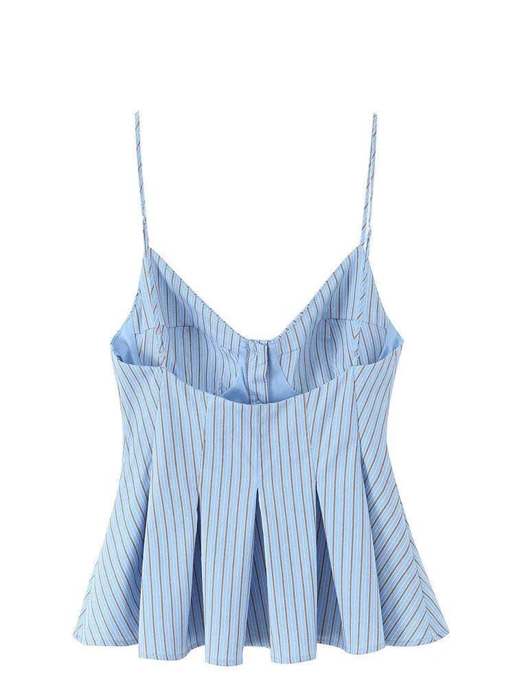 Cami Tops - Summer Women Striped Sleeveless V-Neck Mini Top Woman Slim High Street Short Dress Pleated Button Decoration Top