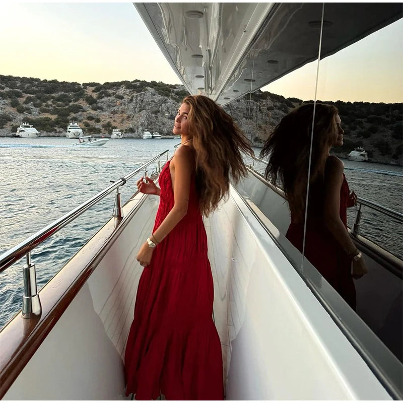 - Elegant Suspender Maxi Dress Women Sexy Summer Pleated Sling Beach Dress Female Backless V-neck Vacation Evening Long Vestidos