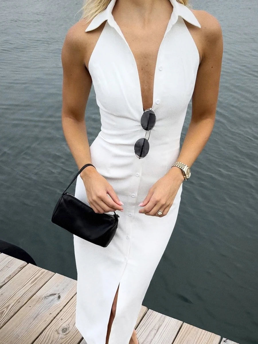 Casual Dresses - Summer Sleeveless Single Breasted Dress Fashionable Ladies Slim Fit Collar Solid Color Long Dresses Women's Clothing