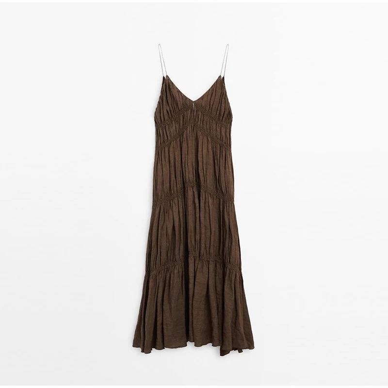 - Elegant Suspender Maxi Dress Women Sexy Summer Pleated Sling Beach Dress Female Backless V-neck Vacation Evening Long Vestidos