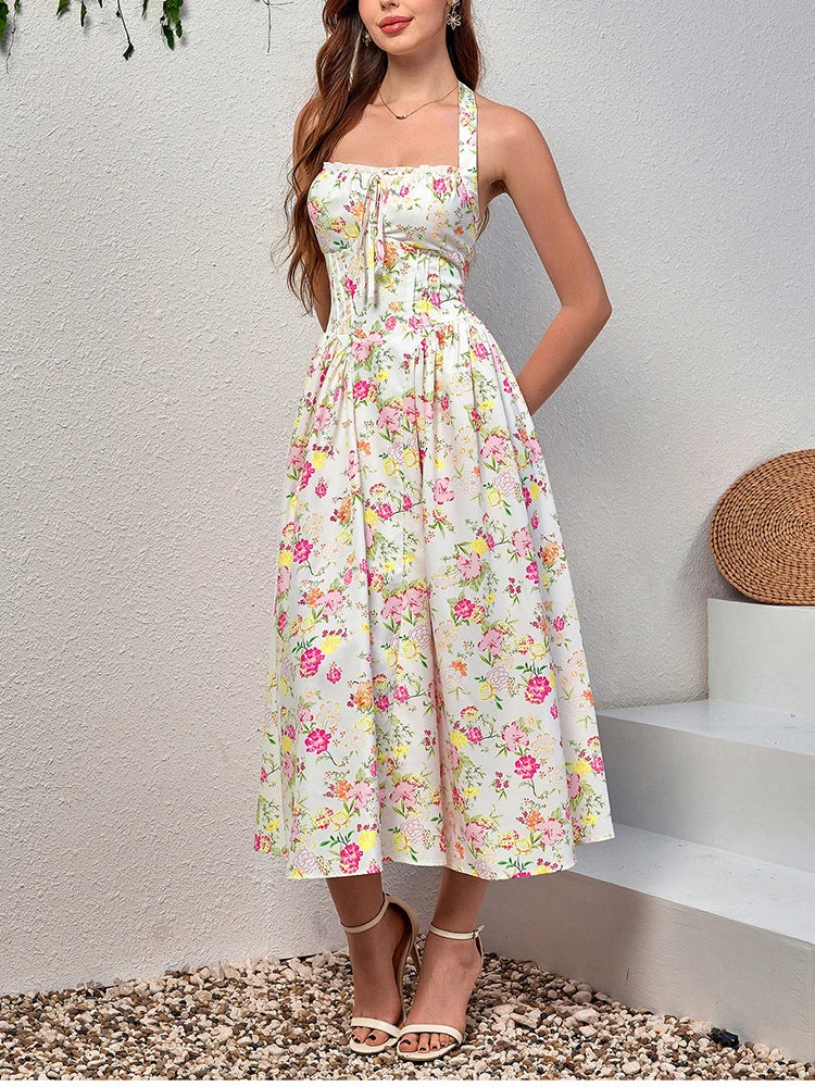 Floral Dresses - Women's Halter Backless Print Floral Midi Corset Dress Spaghetti Straps Tie Up Fashion Casual Holiday Long Dresses Pink
