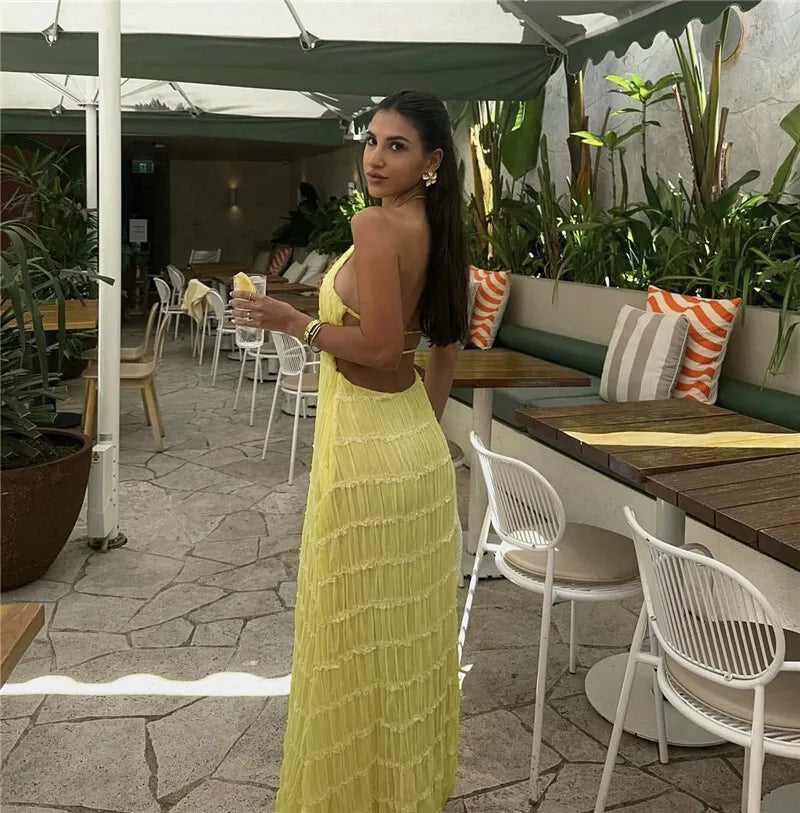 Party Dresses - Mozision Halter Backless Sexy Maxi Dress For Women Spring Summer New Lace-up Sleeveless Pleated Beach Holiday Long Dress Elegant