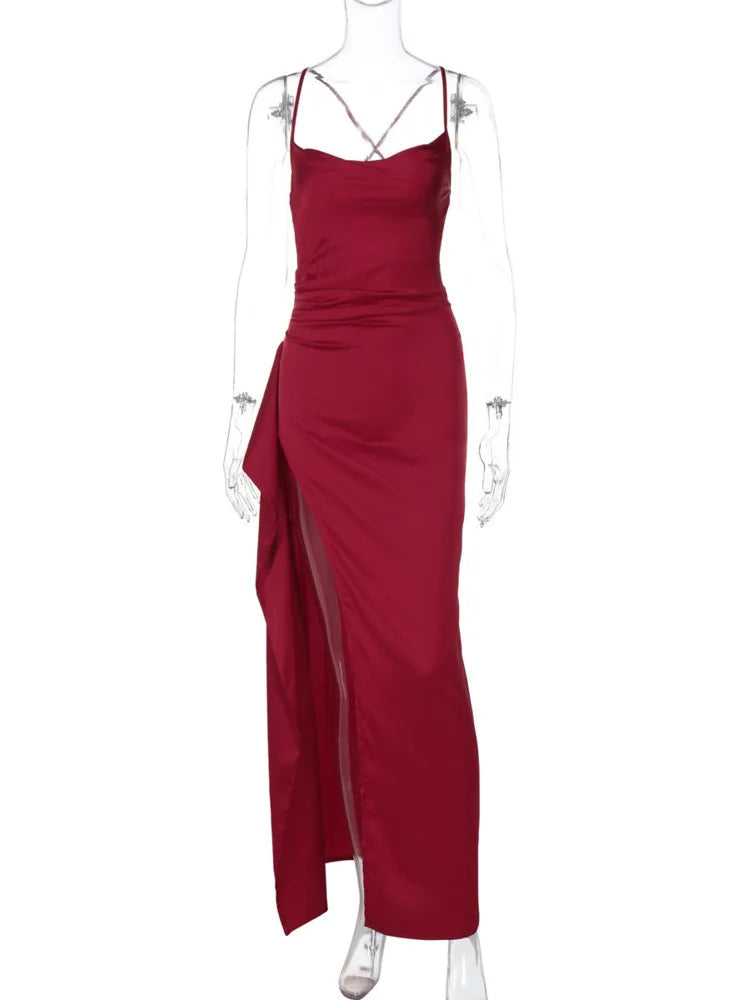 Elegant Dresses - Spaghetti Strap Thigh High Split Sexy Maxi Dress Women Elegant Satin High Elastic Sleeveless Backless Club Party Dress