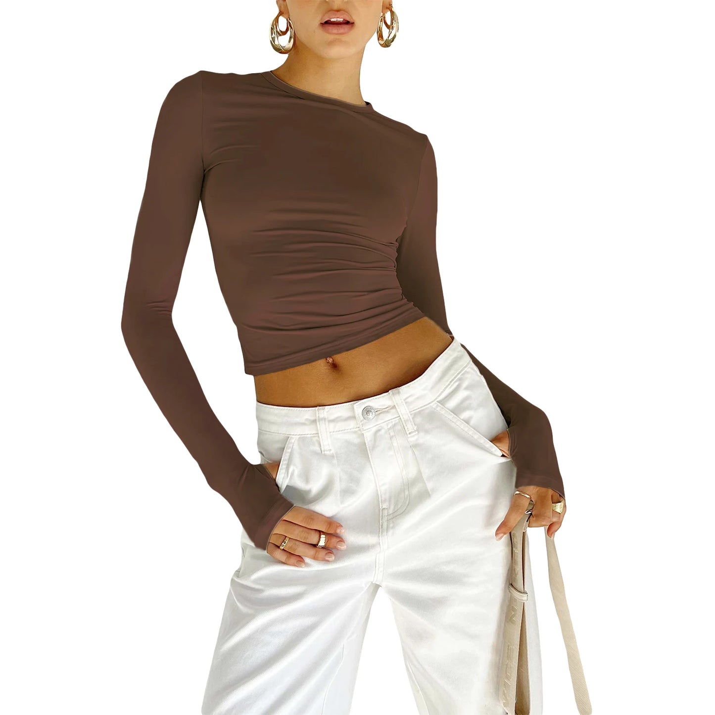 Tees - Fashion Women Basic T-shirt with Thumb Holes Long Sleeve Crew Neck Solid Slim Fit Basic Crop Top Streetwear