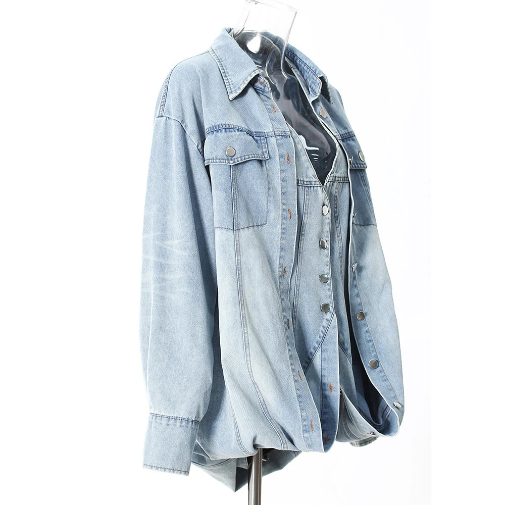 Denim Outfits - Loose Chic Jackets For Women Lapel Long Sleeve Streetwear Patchwork Pockets Coats Female Fashion Style New