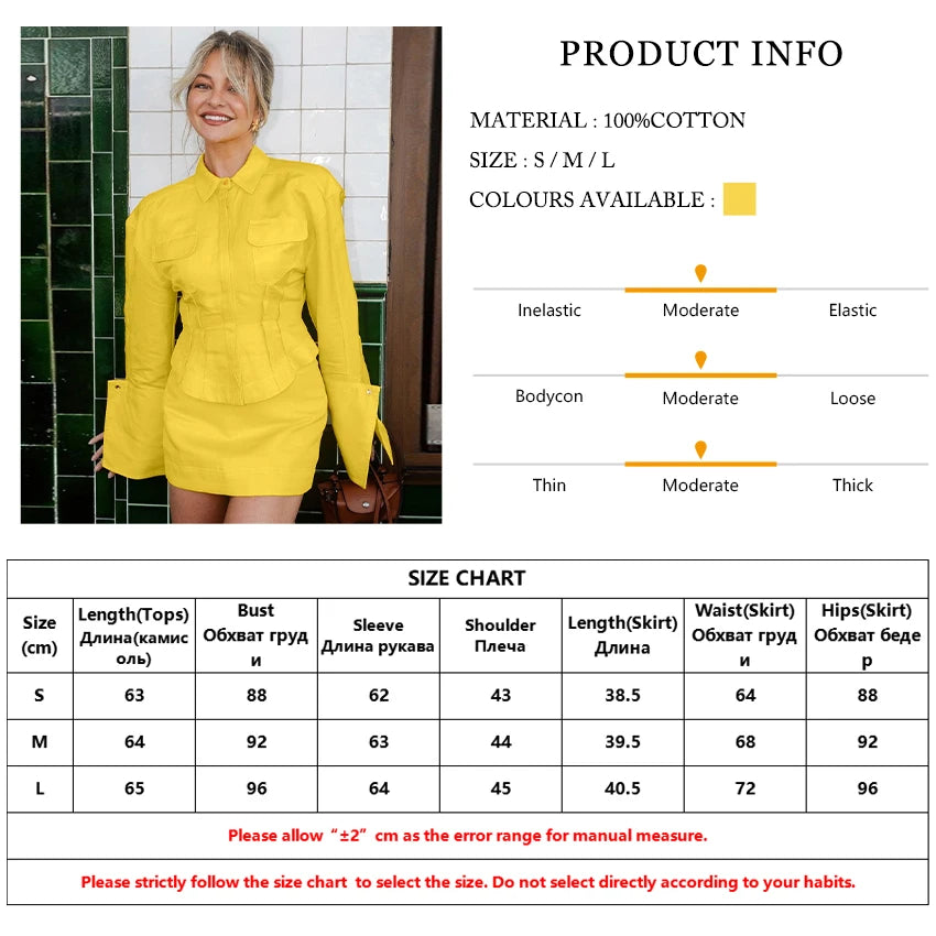 Matching Sets - Fashion Slim Yellow Cotton 2 Piece Set Women Outfit 2025 Elegant Long Sleeve Shirt With High Waist Mini Skirt Set Female
