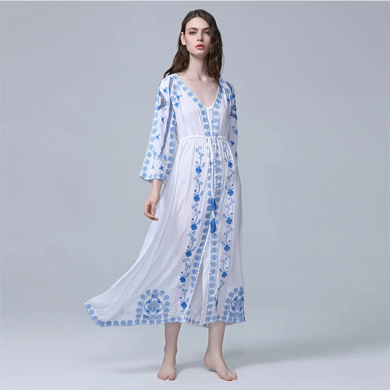 Kaftans - Jastie Embroidered Women Maxi Dress V-Neck Batwing Sleeve Loose Oversize Summer Dresses Drawstring Waist Boho Beach Vestidos