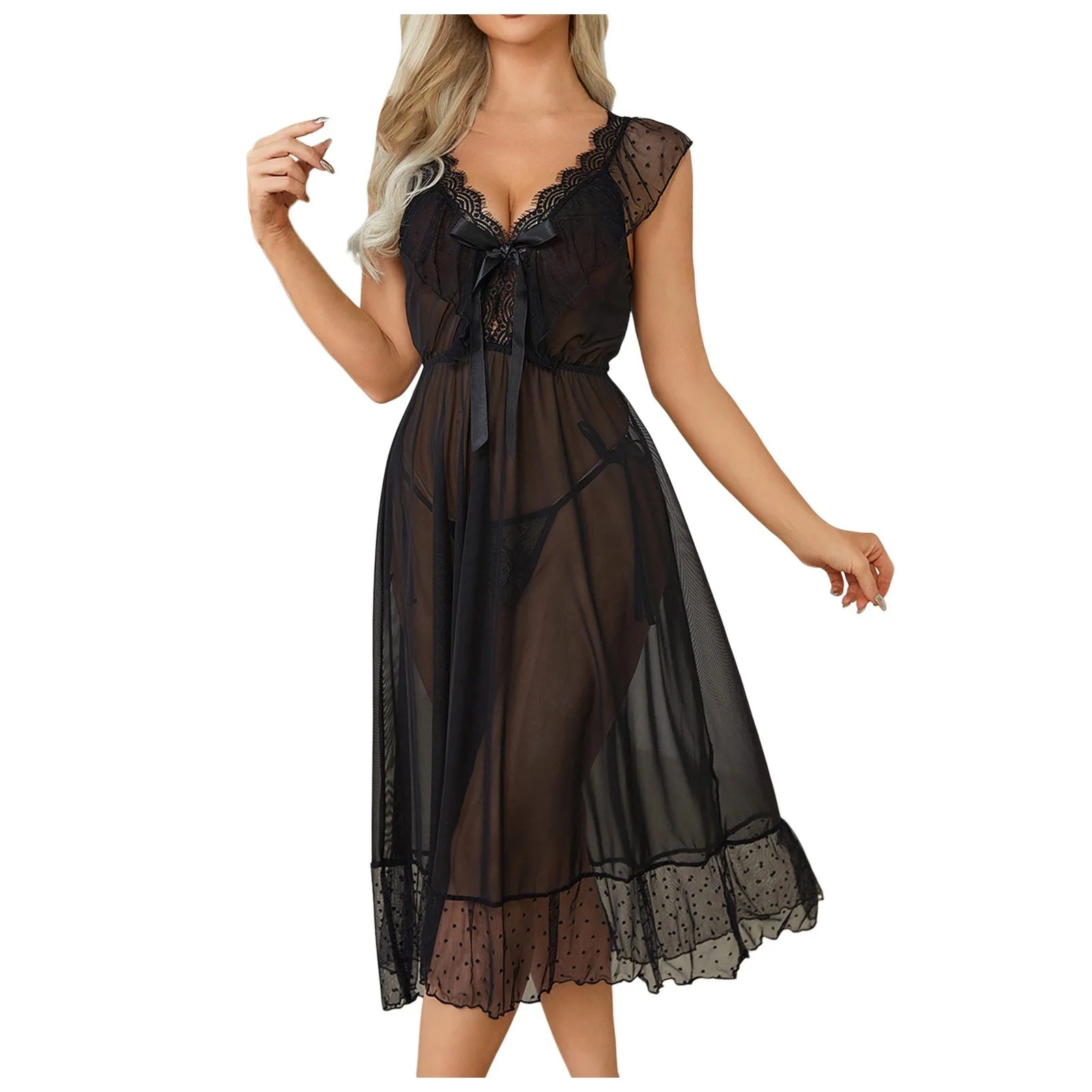 - Fashion Sexy Lace Underwear Pure Desire Wind Nightdress Chiffon Mesh Floral Edge Nightdress Women Pajama ночнушка женская