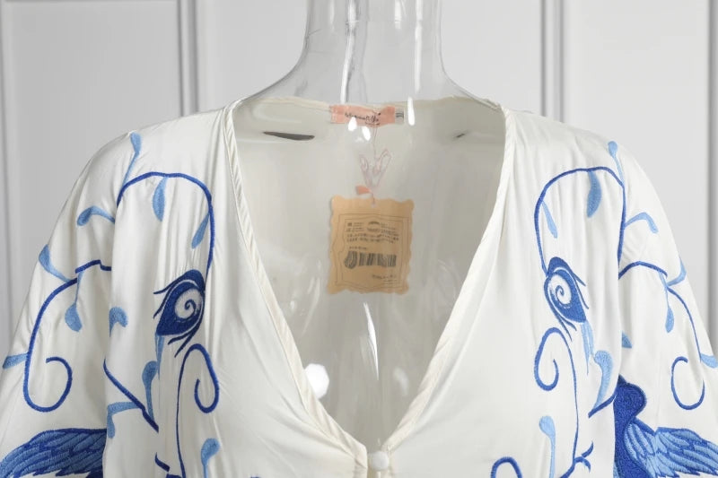 Kaftans - Jastie Embroidered Women Maxi Dress V-Neck Batwing Sleeve Loose Oversize Summer Dresses Drawstring Waist Boho Beach Vestidos