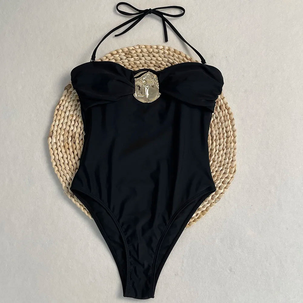 Swimsuits - 2 Colors Sexy Metal Rings Cut Out Women Swimwear One Piece Swimsuit Female Bandeau High Leg Cut Bather Bathing Suit Swim