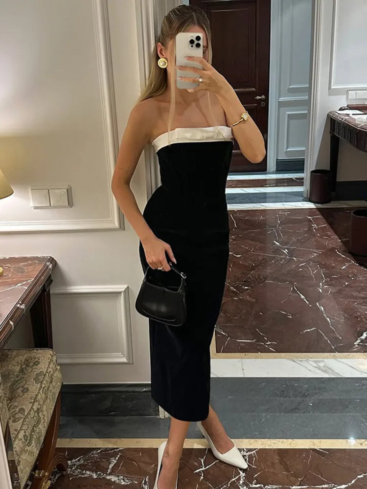 Tube Dresses - Off-shoulder Strapless Backless Sexy Maxi Dress For Women Patchwork Sleeveless High Waist Bodycon Split Long Dress