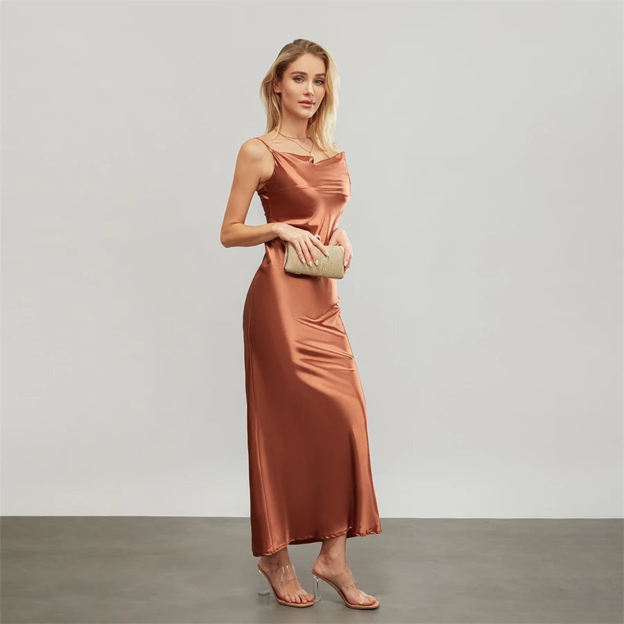 Satin Dresses - Backless Spaghetti Straps Party Long Dresses 2024 New Evening Gown Satin Vestidos Women's Cowl Neck Slip Wrap Dress