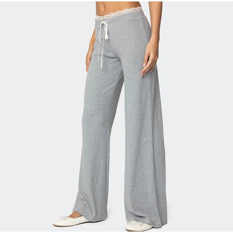 Loungewear - Women Lace Top Pant Suit Casual Bow Lace Up Patchwork Blouse Loose Elastic Waist Trouser Female Sets 2025 Spring Lady Streetwear