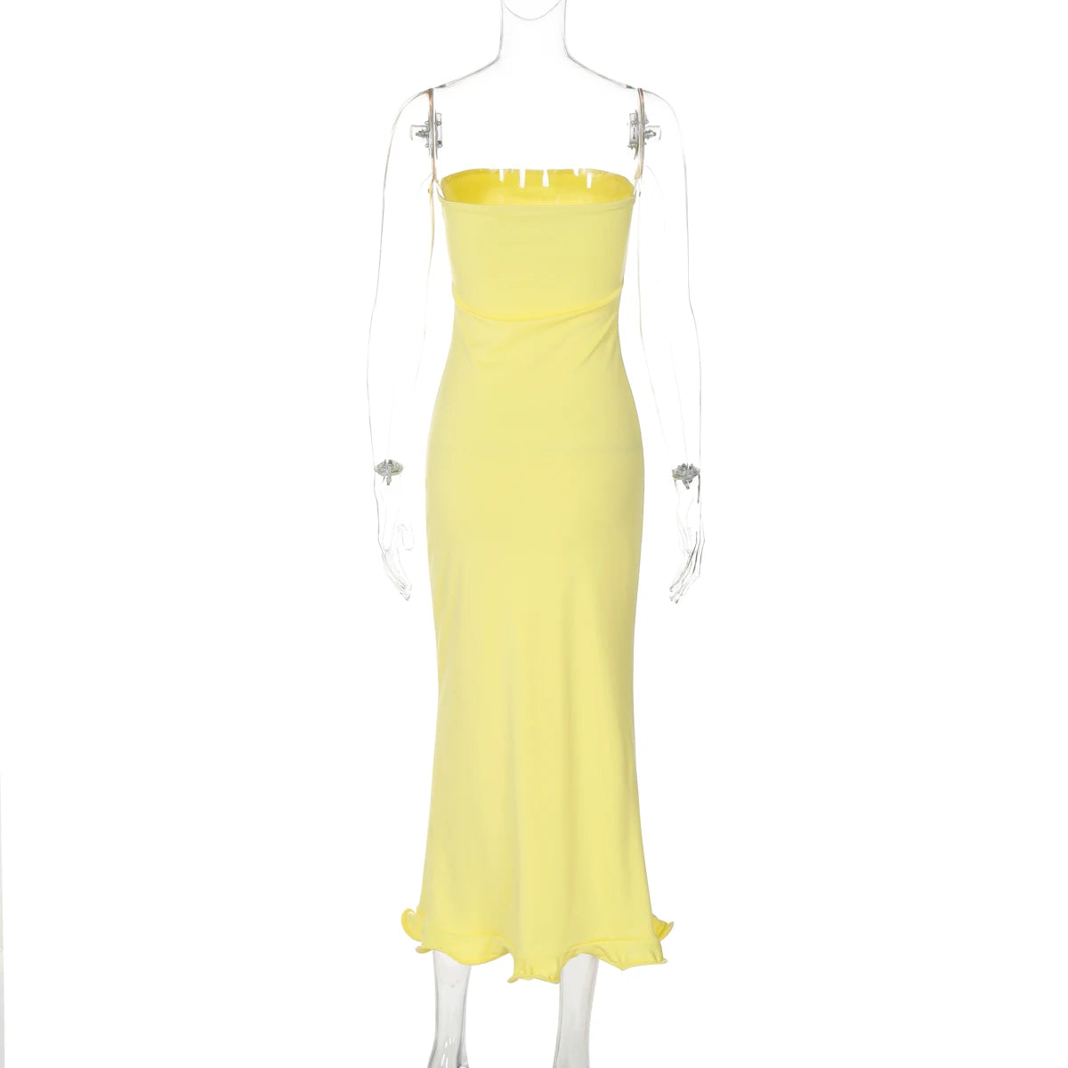 Tube Dresses - Sleeveless Ruffles Patchwork Strapless Bodycon Midi Dress Women'S Solid Sexy Outfit Party Clubwear For Autumn Winter