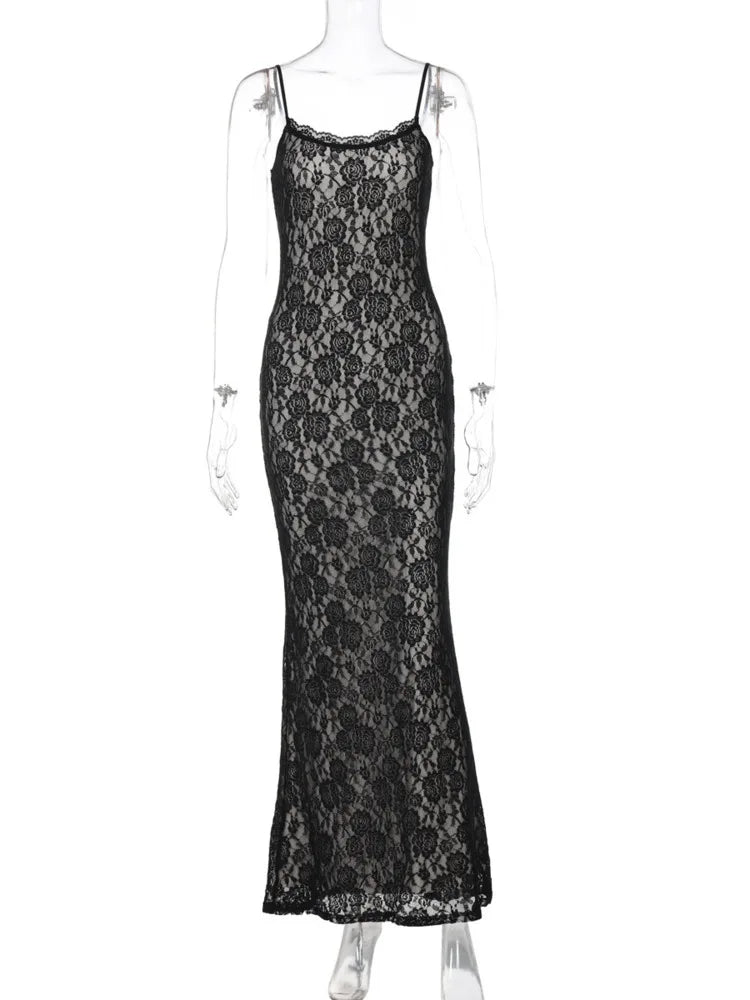 Elegant Dresses - Black Lace Sexy Maxi Dress For Women Slipdress Spaghetti Strap Sleeveless Backless High Waist Bodycon Club Long Dress