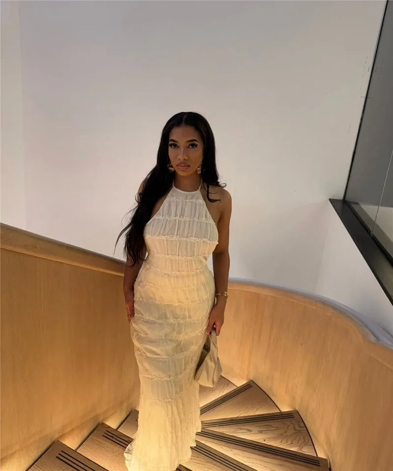 Party Dresses - Mozision Halter Backless Sexy Maxi Dress For Women Spring Summer New Lace-up Sleeveless Pleated Beach Holiday Long Dress Elegant