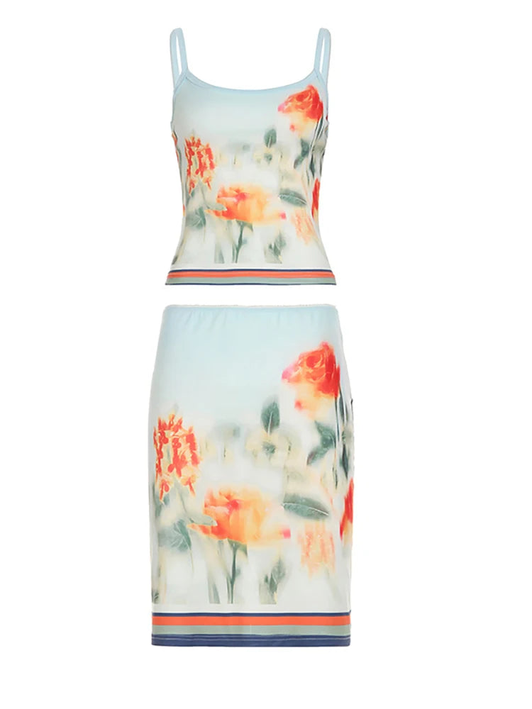 Skirt Sets - Print Floral Two Piece Sets Women Skirt Suit Spaghetti Strap Top Mini Skirt Sets Spring Slim Elegant Party Beachwear
