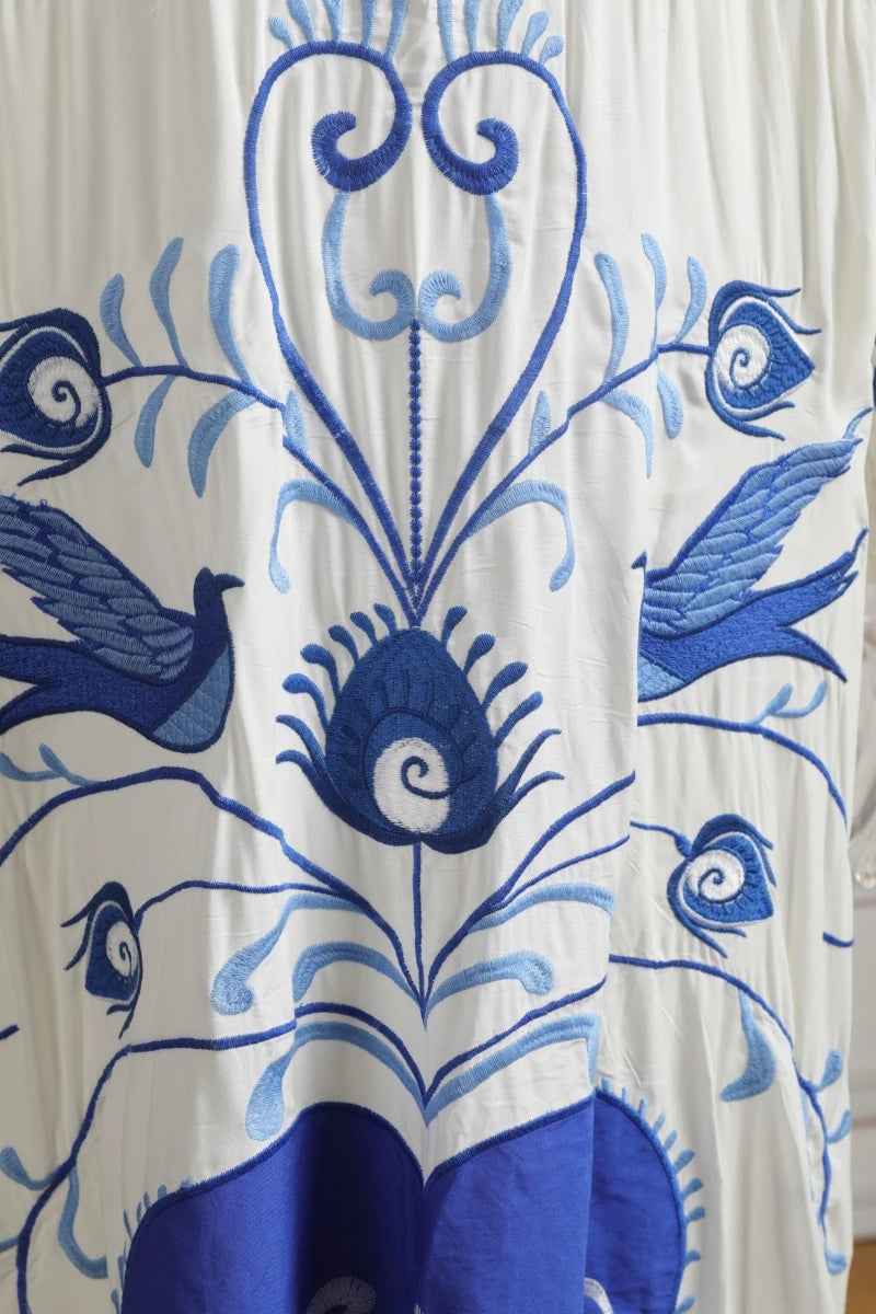 Kaftans - Jastie Embroidered Women Maxi Dress V-Neck Batwing Sleeve Loose Oversize Summer Dresses Drawstring Waist Boho Beach Vestidos