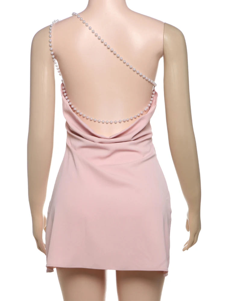 MinI Dresses - Pearl Chains Women Dress Backless Slanted Shoulders Temperament Summer Trend Solid Banquet Elegant Party Mini Bodycon
