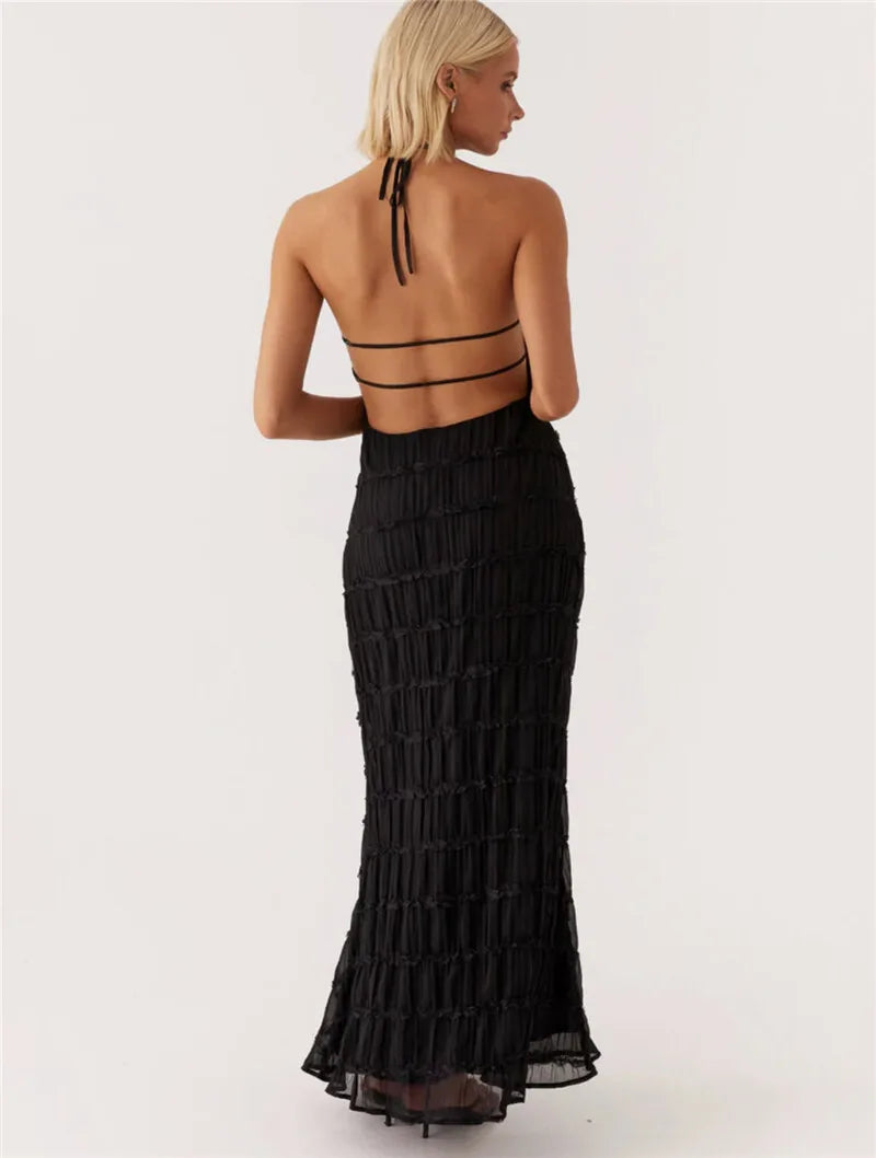 Party Dresses - Mozision Halter Backless Sexy Maxi Dress For Women Spring Summer New Lace-up Sleeveless Pleated Beach Holiday Long Dress Elegant