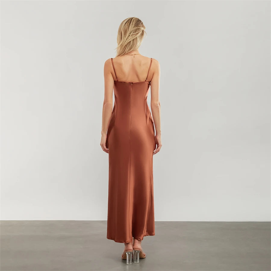 Satin Dresses - Backless Spaghetti Straps Party Long Dresses 2024 New Evening Gown Satin Vestidos Women's Cowl Neck Slip Wrap Dress
