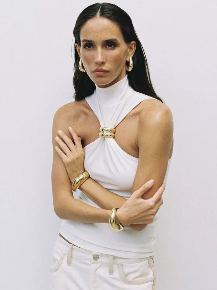 Halter Tops - Turtleneck Basic Knit Tank Tops Women Vest Pullovers Metal Ring Camisole Sleeveless Skinny Knitted Tops Y2K Cropped Top