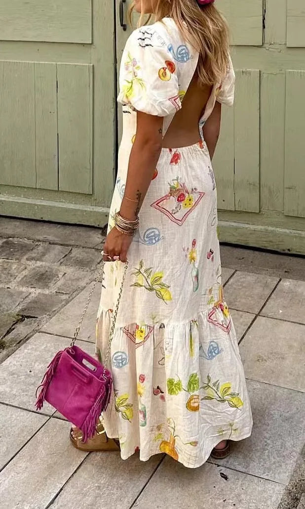 Casual Dresses - Women's European And American Style Fashion Slim Skirt Simple Printed Backless Short-Sleeved Dress