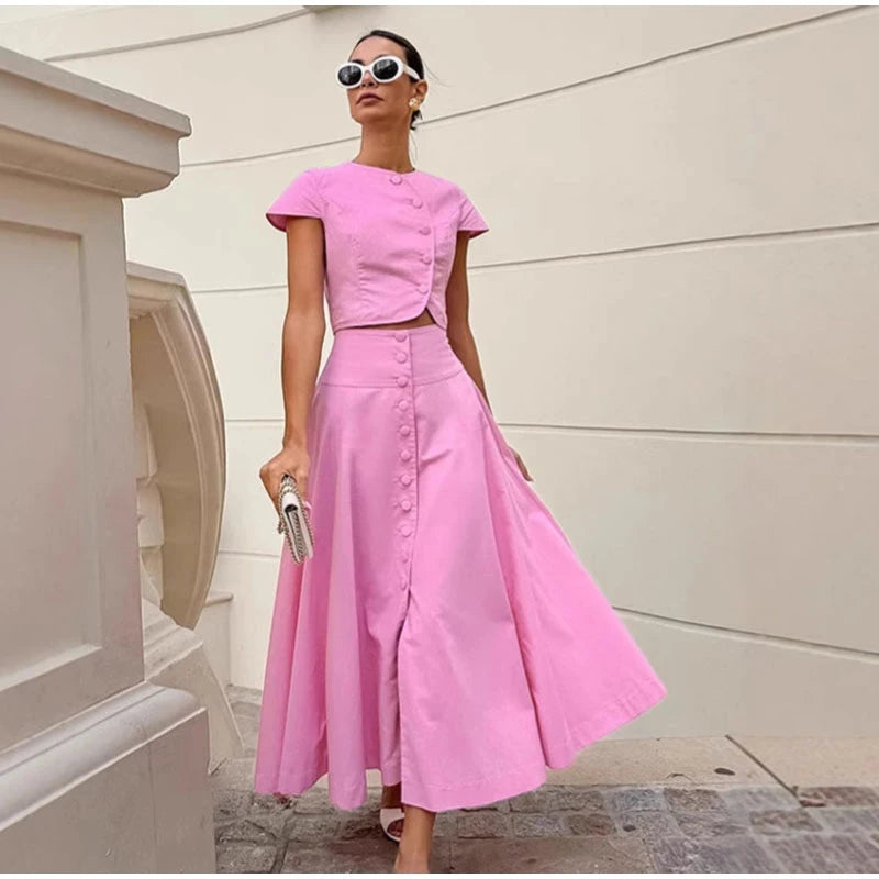 Skirt set - Women Vest Skirt Suit Solid O-neck Single Breasted Short Sleeve Short Top Button Wide Leg Skirts Female Summer Lady Beach Wears