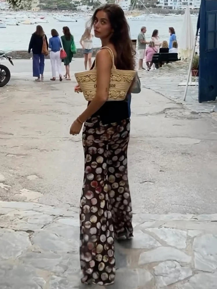 Flared Pants - Mesh Leopard Print Trousers Woman Fashion High Waist Print Wide Leg Pants Female Elegant Printed Long Pants Bottoms