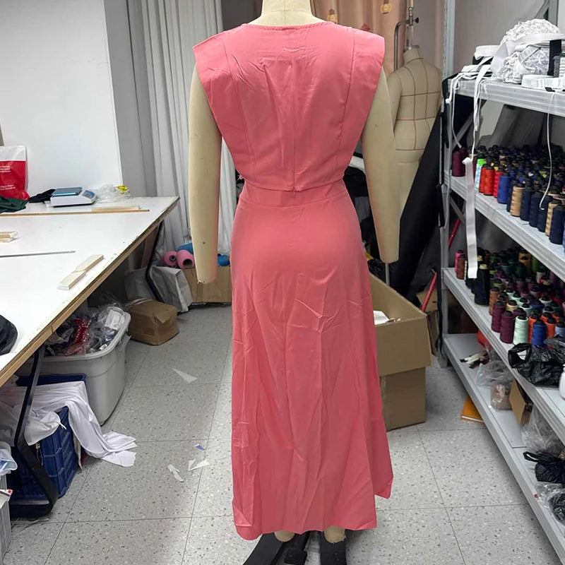 Skirts set - Two Piece Set Women Fashion Elegant Solid Round Neck Sleeveess Zipper Top A Line With Pocket Button Slit Long Skirt Sets