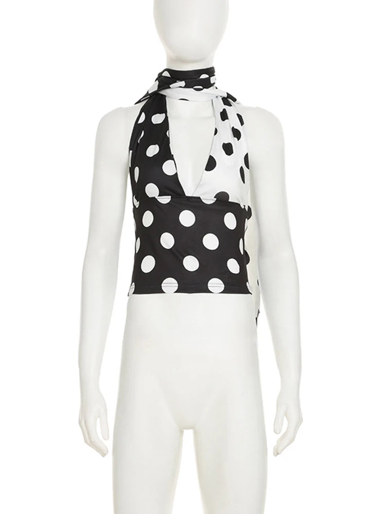 Sleeveless Blouses - Contrast Polka Dot Cross Scarf Vest Sexy Hot Girl Two Wears Short Top V Neck Slim Fashion Club Party Tank 2025 New Summer