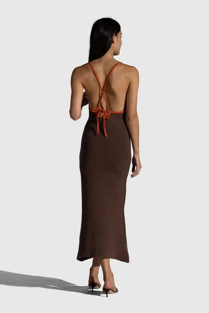 Vacation Dresses - 2024 Summer New Knitted Halterneck with Suspenders V-neck Sexy Backless Fashion Flower Print Slim Dress