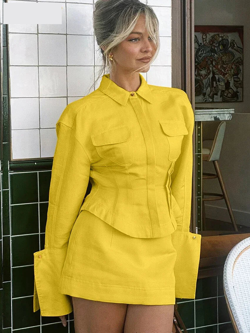 Matching Sets - Fashion Slim Yellow Cotton 2 Piece Set Women Outfit 2025 Elegant Long Sleeve Shirt With High Waist Mini Skirt Set Female