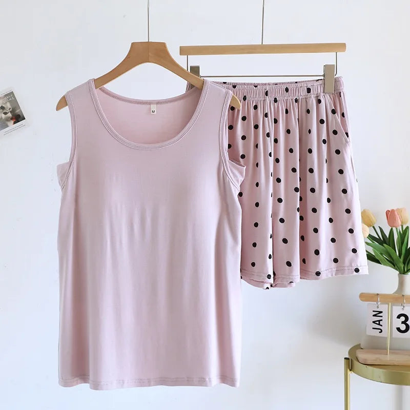 Pajamas - 2025 New Summer Women's Pajamas Set Sleeveless Short Pants Home Clothes Student Can Wear Out Sleepwear With Chest Cushion