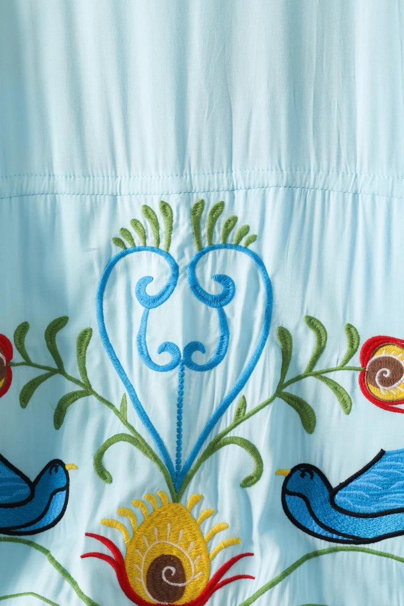 Kaftans - Jastie Embroidered Women Maxi Dress V-Neck Batwing Sleeve Loose Oversize Summer Dresses Drawstring Waist Boho Beach Vestidos