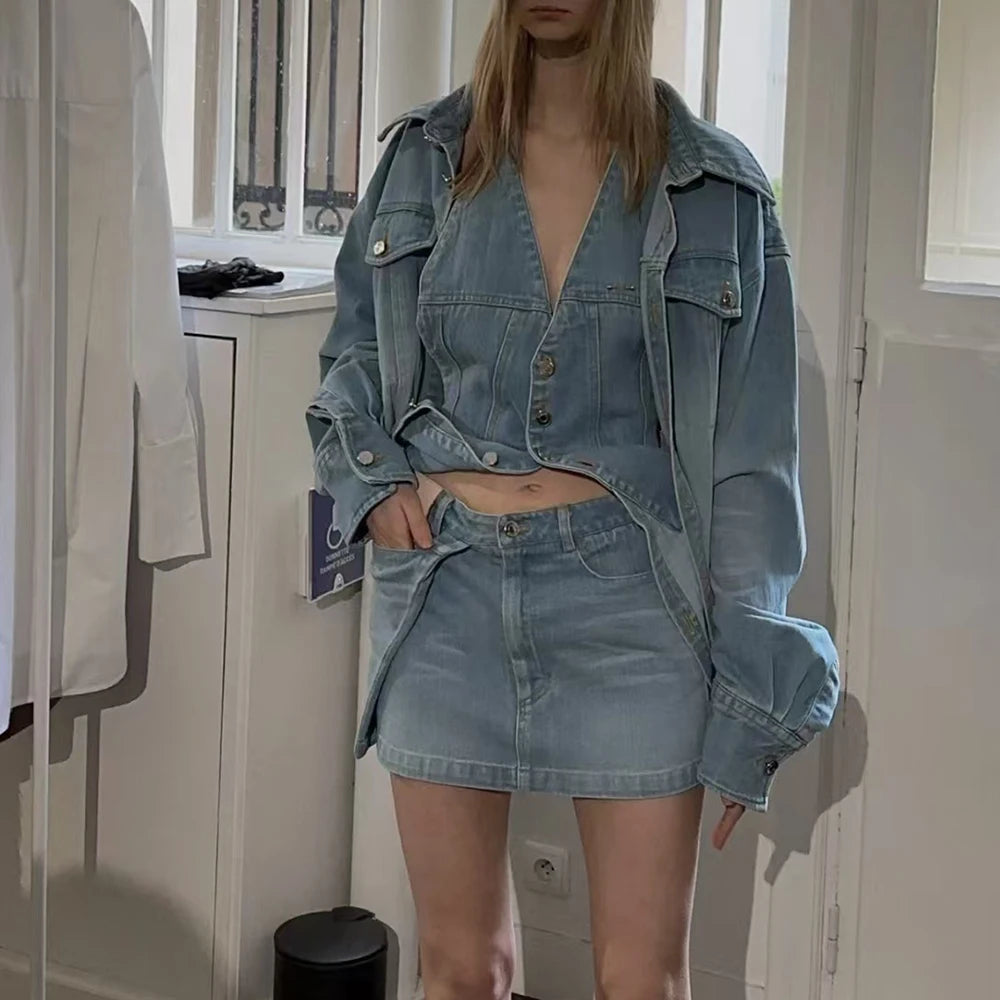 Denim Outfits - Loose Chic Jackets For Women Lapel Long Sleeve Streetwear Patchwork Pockets Coats Female Fashion Style New