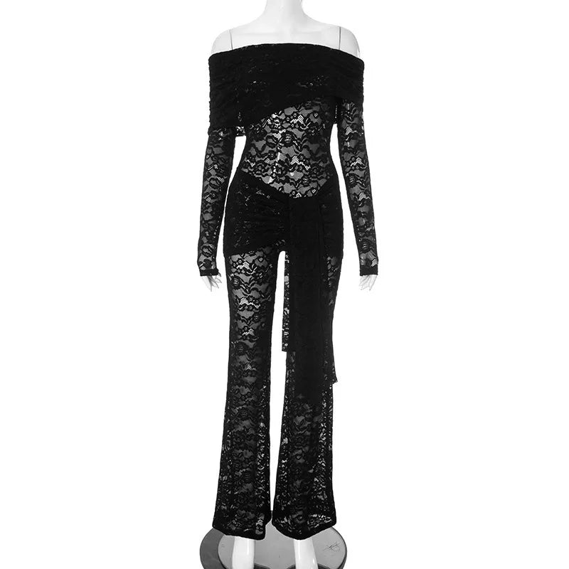 Jumpsuits - Mozision Lace See Through Long Sleeve Sexy Jumpsuit Women Fashion Lace Off-shoulder Bodycon High Waist Club Party Jumpsuits