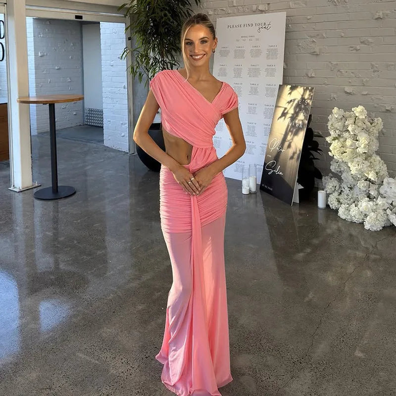 Elegant Dresses - Sexy Sleeveless Hollow Out Pleated Patchwork Maxi Dress For Women High Waist Off-shoulder Slim Club Party Long Dress