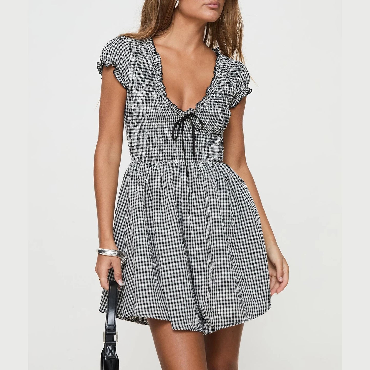 Casual Dresses - Women Y2k Gingham Playsuit Short Sleeve Smocked Babydoll Bodysuit Rompers Flowy A-Line Club Dress Retro Streetwear