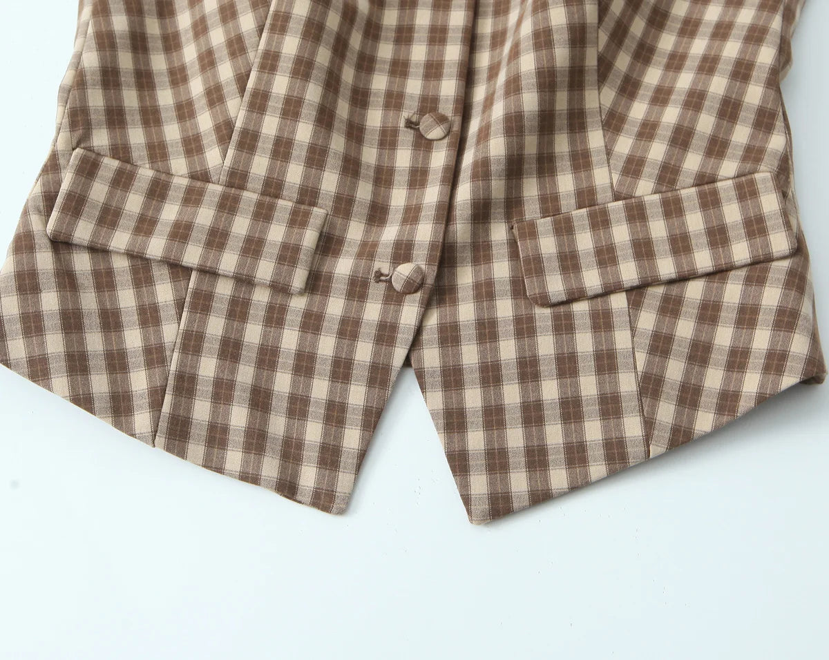 Skirts set - TRAFZA Women 2 Piece Set Elegant Plaid O-Neck Single Breasted Pocket Decorate Vest Top+Chic Zipper Pleated Slim Mini Culottes